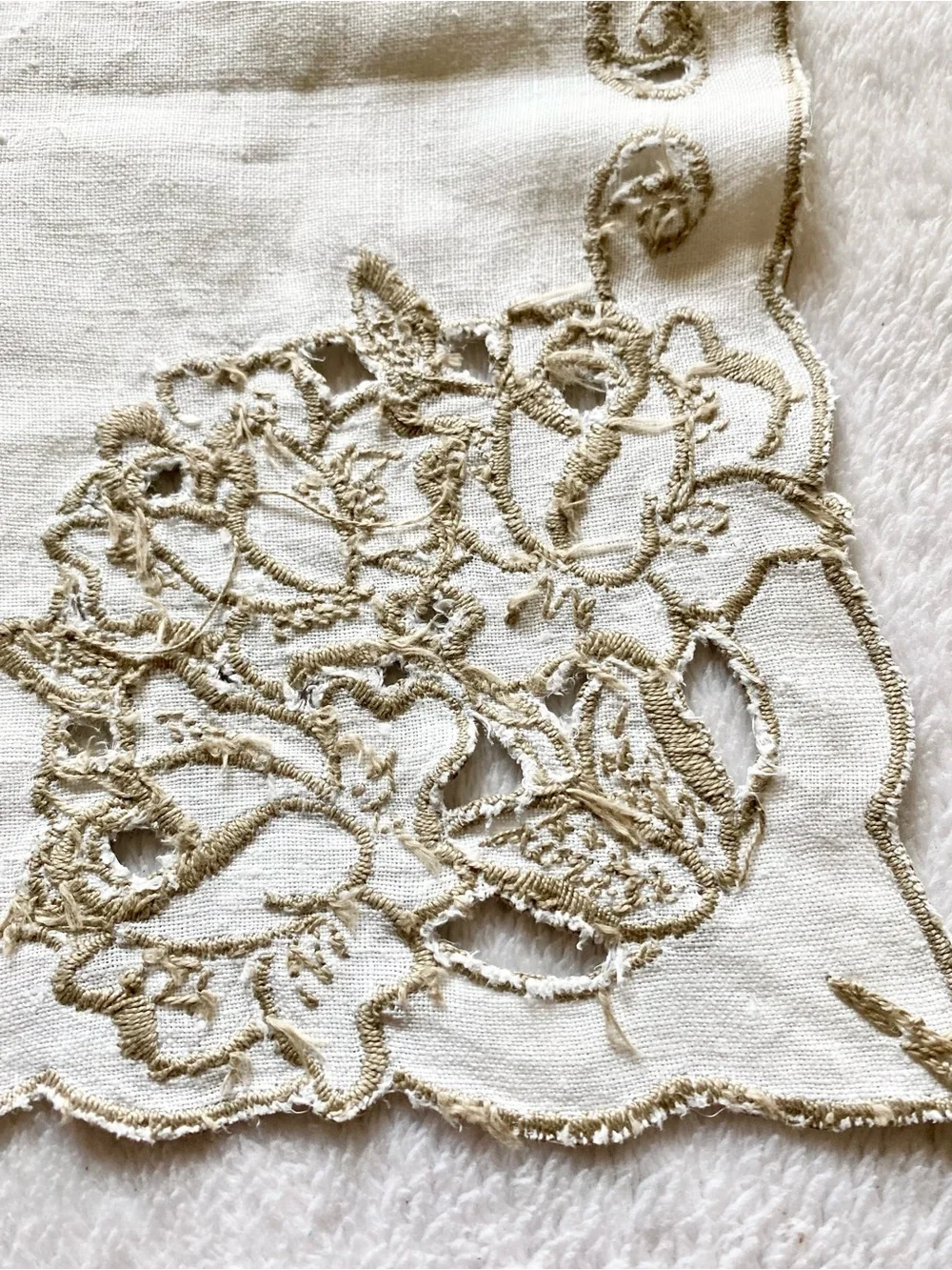 Vintage Cream Table Linen with Gold Embroidered Scrollwork